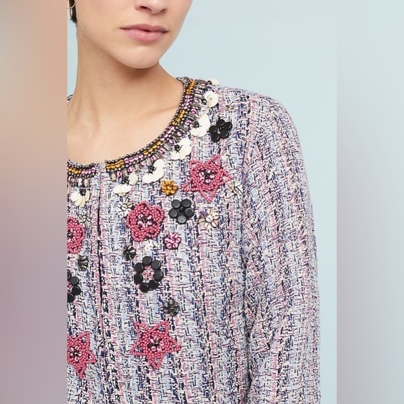 NEW Anthropologie Summer Love Suzy Embellished Beaded Pink Tweed Blazer Jacket - Picture 2 of 11